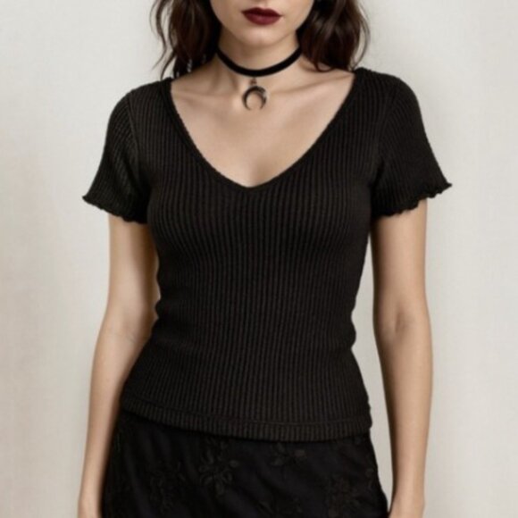 Tripp NYC Black Goth Punk Stretch Top One Size Short Sleeve Y2K Grunge Tee - Picture 1 of 7